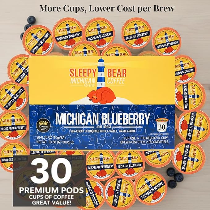 Sleepy Bear Coffee Pods Medium Roast Arabica Rich Flavor Michigan-Made Smooth &amp Sweet No Sugar Added 30ct Pods Compatible with Single-Serve Brewers (Michigan Blueberry Coffee)
