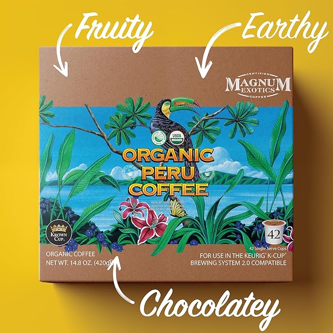 Magnum Exotics Organic Peru Coffee Pods - Coffee Cups Compatible with K Cup Keurig Medium Roast Bulk Premium Blend Fast Single-Serve Capsules - 42 Count (Pack of 1)