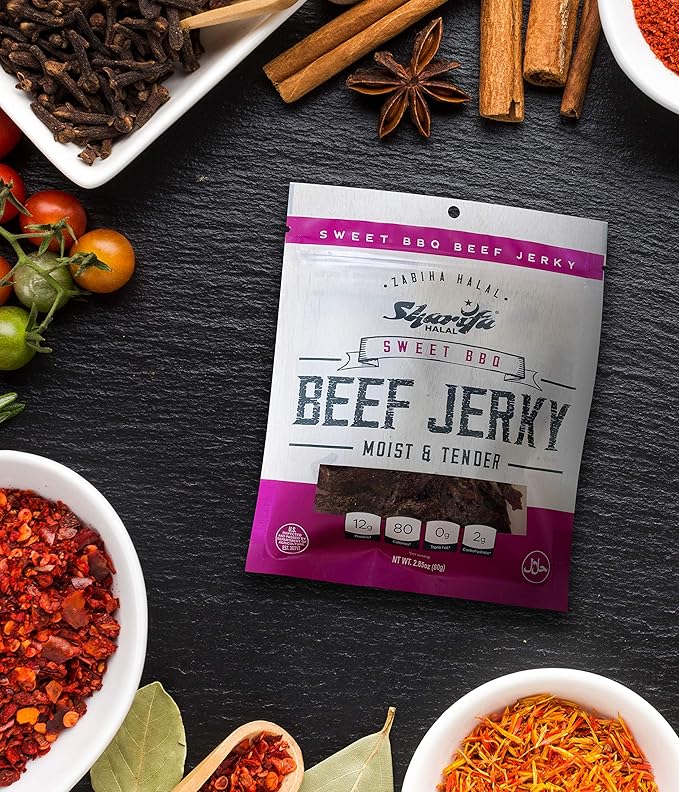 Sharifa Halal Beef Jerky Sweet BBQ (5 Pack) Each Bag 2.85 oz – Great Everyday Halal Jerky Beef Meat Snack 100 % Real Zabiha Halal Beef 12g of Protein 80 Calories 0g Trans Fat &amp 2g of Carboh