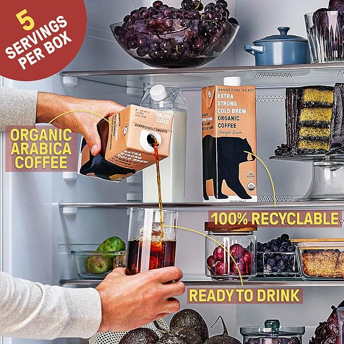 Wandering Bear Organic Mocha Cold Brew Coffee - Strong Bold Smooth Unsweetened Shelf-Stable Ready to Drink Gluten Free &amp Vegan Iced Cold Brewed Coffee Drink - 32 fl oz 6 pack