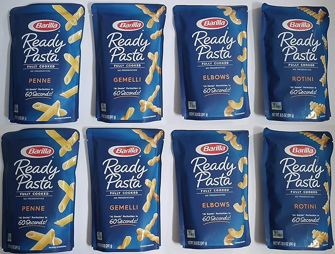 8-pack Variety Barilla Ready Pasta: 2 pouches each of Rotini Penne Elbows and Gemelli [2020]