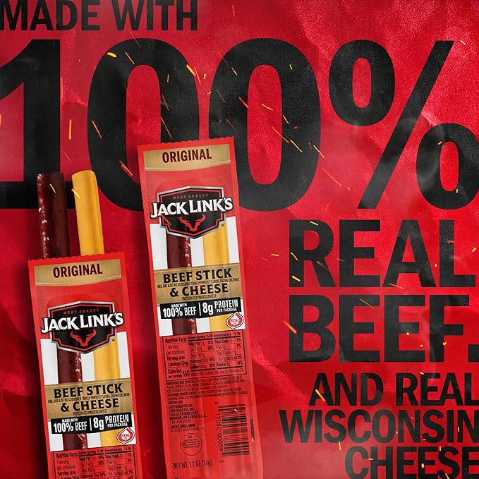 Jack Link's Original Beef &amp Cheese Combo Classic Snack Pack Made with 100% Beef and Real Wisconsin Cheese 8g protein Individually Wrapped Snacks - 1.2 Ounce (Pack of 16)