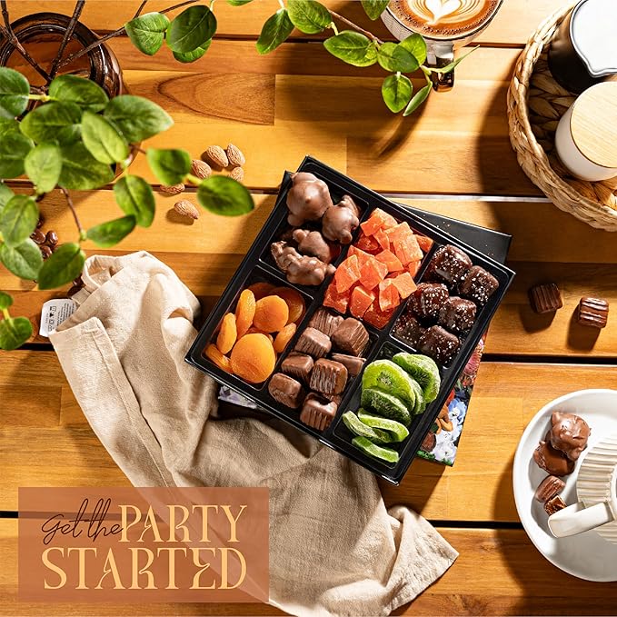 12-Pack Snackberry Premium Fruit &amp Chocolate Gift Box – Assortment with Chocolate Pecans Dried Apricots Kiwi Slices Papaya Sea Salt Caramels &amp Milk Chocolate Caramels – Perfect for Gifting