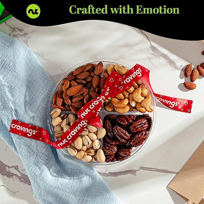 NUT CRAVINGS - Easter Mixed Nuts Gift Basket + Heart Ribbon (4 Assortments) Ramadan Gifts Saint Patrick's Day Treats for Adults Food Arrangement Healthy Snack Care Package Kosher
