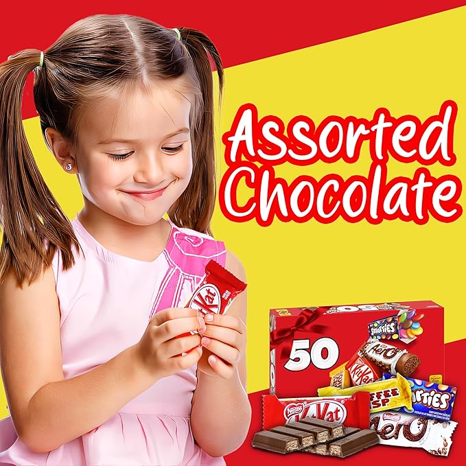 Chocolate Candy Gift Box 50 Mini Milk Chocolate Bars Includes Coffee Crisps KitkatWafers Peanut Free Chocolate Assorted Variety Individually Wrapped Bars For Gifting Red Gift Box