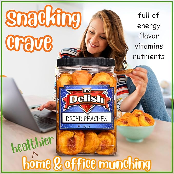 Dried Peaches by It's Delish 36 OZ Jumbo Reusable Container | Naturally Sweet Peach Slices No Sugar Added Bulk Dried Fruit Healthy Snacks Fresh and Dry Sliced Peaches Snack | Vegan Kosher