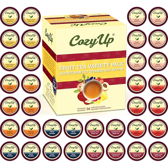Cozy Up Iced Sweet Fruit Black Tea K-Cup Variety Pack 36 Count Guilt-Free Zero Calorie Sweetness - Compatible with Keurig - Lemon Tropical Berry Passion Fruit Apple &amp Peach - Single Serve Po