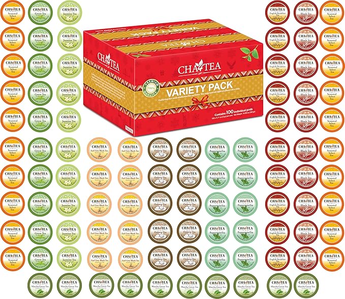 Cha4TEA 100-Count Variety Pack Tea Compatible with Keurig Brewers Includes Green Black Jasmine Earl Grey English Breakfast Oolong Peppermint Matcha Green &amp 2 Seasonal Select Tea