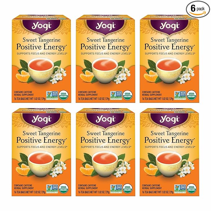Yogi Sweet Tangerine Positive Energy Tea - 16 Tea Bags per Pack (6 Packs) - Organic Tangerine Energy Tea - Includes Black Tea Leaf Yerba Mate Leaf Ashwagandha Root &amp More
