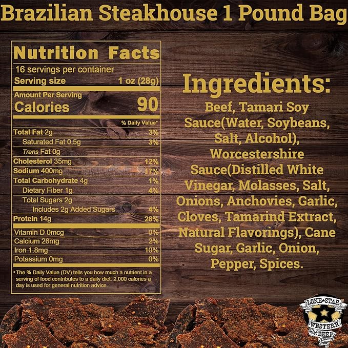 Lone Star Brazilian Steakhouse Flavored Beef Jerky - 1 Pound Resealable Bag - Hickory Smoked Handcrafted Flavor - High Protein Healthy Meat Snack