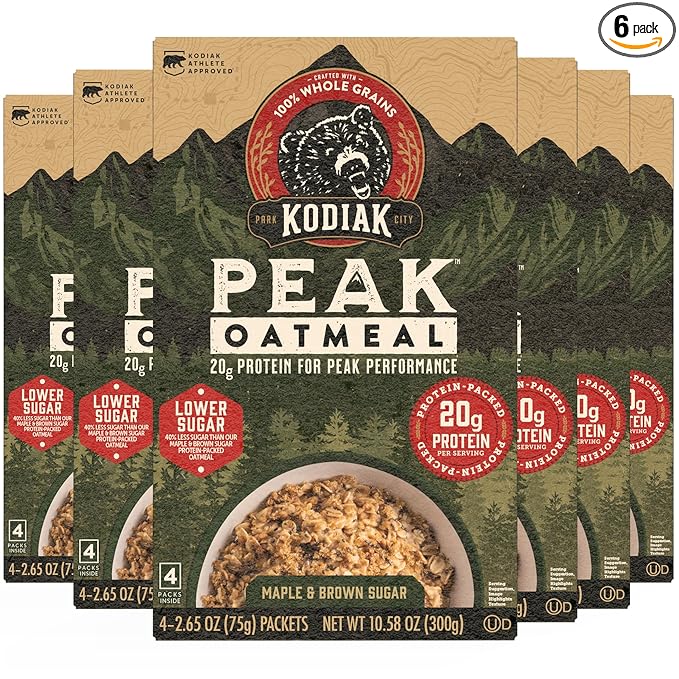 Kodiak Cakes Peak Instant Oatmeal Packets Maple Brown Sugar High Protein100% Whole Grains 6 box with 4 packets each (Total of 24 packets)