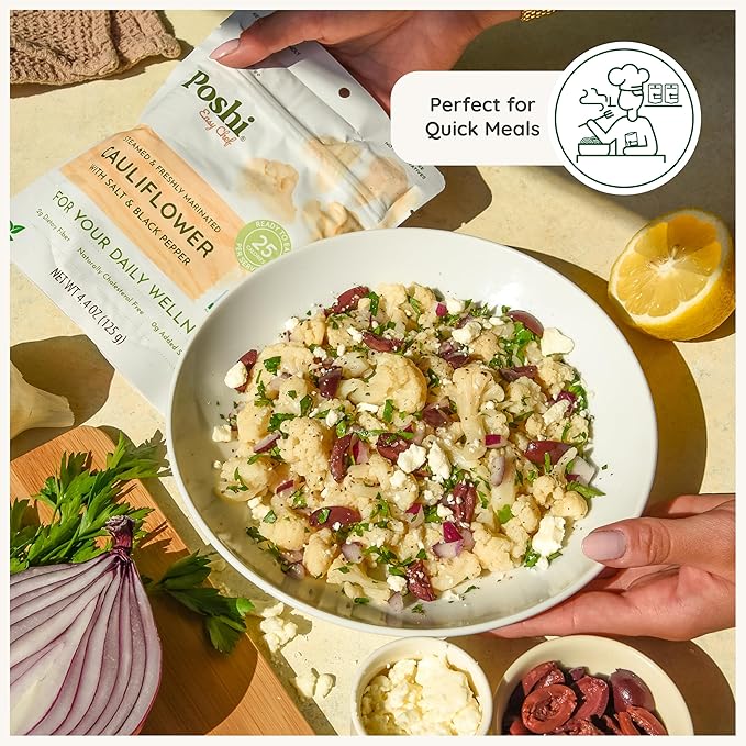 POSHI Marinated Cauliflower Florets with Salt + Black Pepper Natural Keto Vegan Non GMO Low Carb + Calorie Gluten Free Ready to Eat Fully Cooked Vegetables Pentry Food Gourmet 6 Pack 4.4 oz