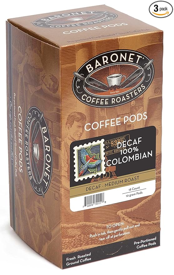 Baronet Coffee Pods [DECAF Colombian-54 Pods] Single Cup Use Like Senseo [3 Boxes of 18 Single Serve 10 Gram] Regular Strength Med Roast [Decaf Colombian]