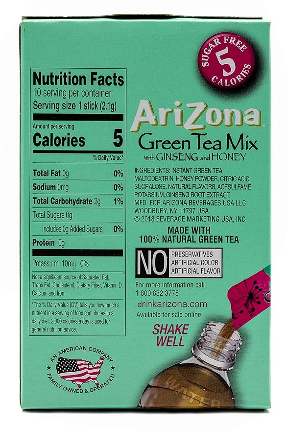 AriZona Green Tea with Ginseng Sugar Free Iced Tea Stix Low Calorie Single Serving Drink Powder Packets 10 Count (Pack of 12)