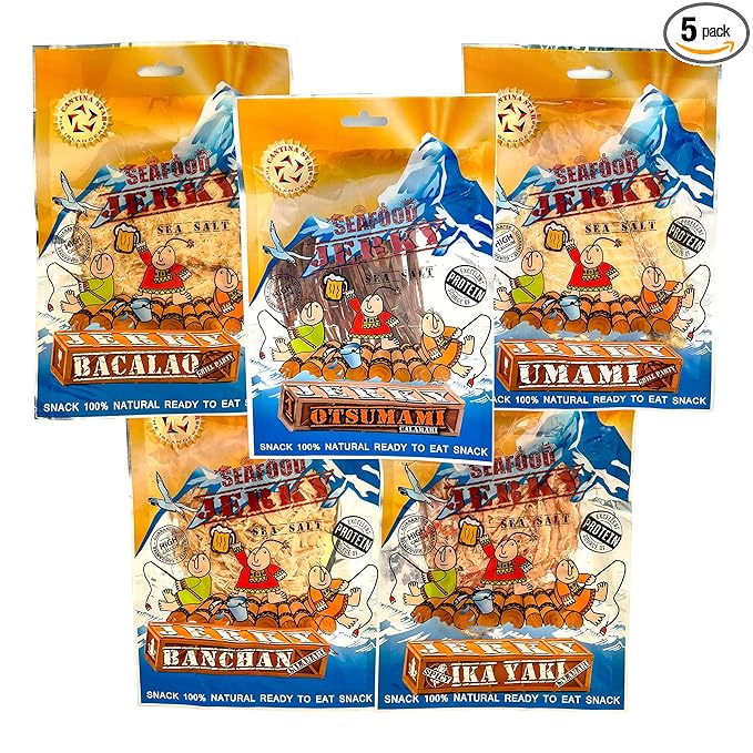 CANTINA STAR Deluxe Tapas Set | Seafood Jerky (Dried Fish &amp Calamari) | Bacalao Umami Ika Yaki Banchan Otsumami | 2.8oz - 5 Count