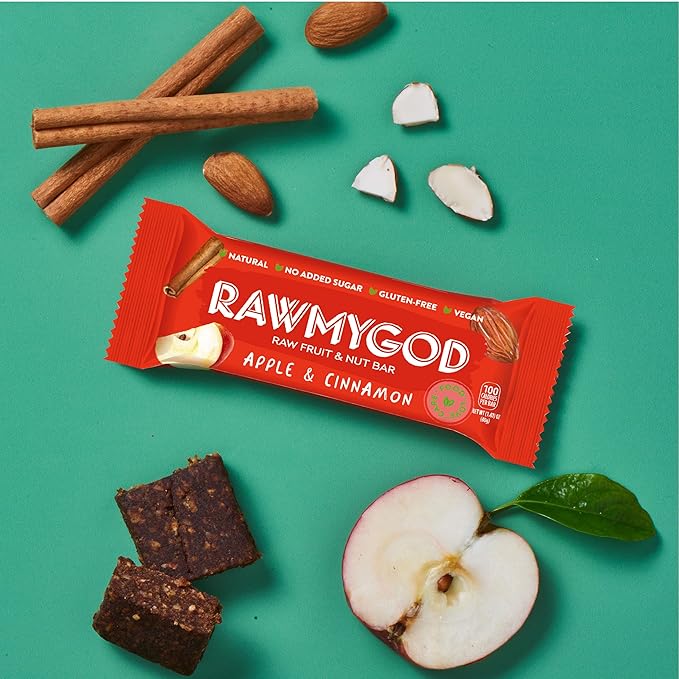 RAWMYGOD Fruit and Nut Bars Gluten Free Vegan No Added Sugar (16 bars Apple &amp Cinnamon)