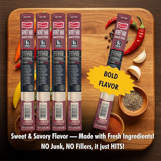 Jerky.com Honey Ham Pork Jerky Snack Sticks 26 Pack (24 + 2 Bonus) | 5g Protein 90 Calories Gluten-Free Individually Wrapped Keto Friendly Low Carb Snack | Delicious Sweet &amp Savory Jerky Meat
