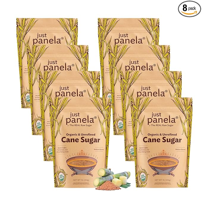 Just Panela Organic Unrefined Cane Sugar 1 Pound Pack of 8 | 100% Unprocessed Raw Sugar | Great for Baking Cooking &amp Sweetening | Healthier Alternative to Regular Refined Sugar