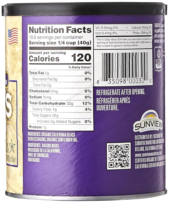 SUNVIEW Organic Black Raisins 3-15oz Canisters