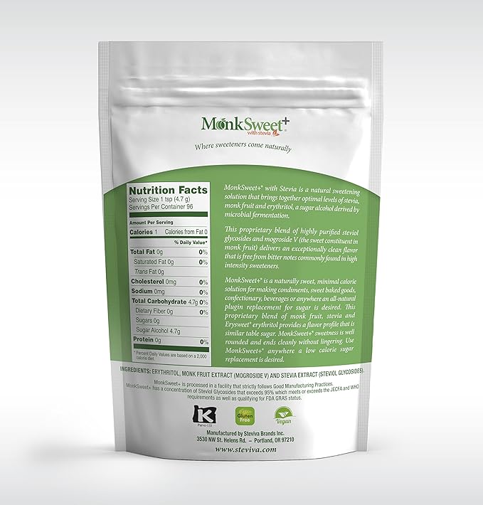 MonkSweet Plus - 1 lb bag/6 pack Monk Fruit Stevia &amp Erythritol Blend NonGMO Low Carb Sweetener