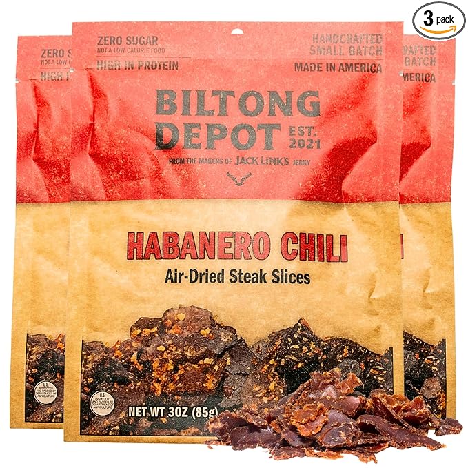 Biltong Depot Habanero Chili Biltong Slices Bundle - 3oz (3 Pack) | Air-Dried Beef Jerky Snack | Spicy Flavor| High Protein | Zero Sugar | Keto &amp Paleo Friendly | Gluten Free | No Artificial Prese