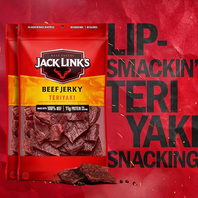 Jack Link's Teriyaki Beef Jerky - (2 Pack) 9 oz Bag - Ready to Eat Protein Snacks - 11g Protein per Serving - Made with 100% Real Beef