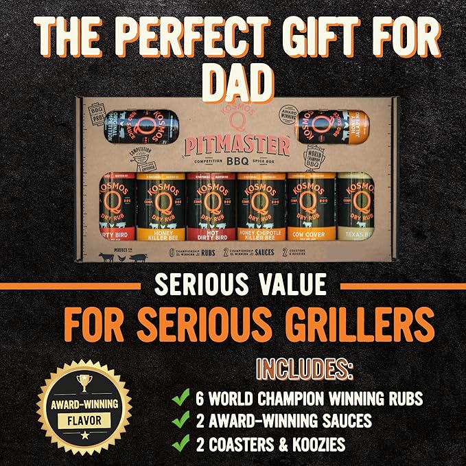 Kosmos Q BBQ Pitmaster Gifts for Men or Dads Includes 8 Flavors of Grill Seasonings BBQ Sauces &amp Meat Rubs Sampler Pack for Chicken Steak Turkey Pork &amp More