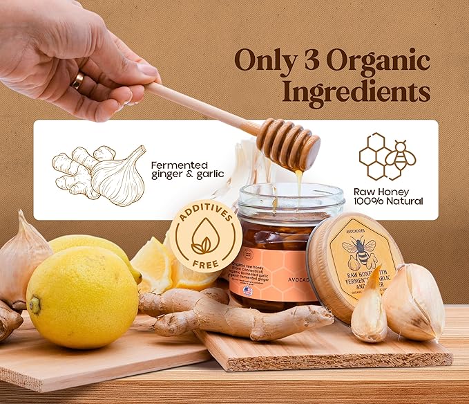 AVOCADOES Organic Raw Honey with Fermented Garlic &amp Ginger – Handcrafted Unfiltered Honey Blend – Natural Support for Immunity &amp Digestion – Small Batch – 8 oz Glass Jar