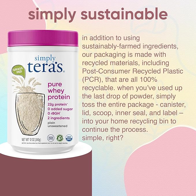 simply tera's Pure Whey Protein Powder - Grass Fed Whey Protein Powder Clean &amp Natural Unflavored Non-GMO Kosher Unsweetened - 12 Oz