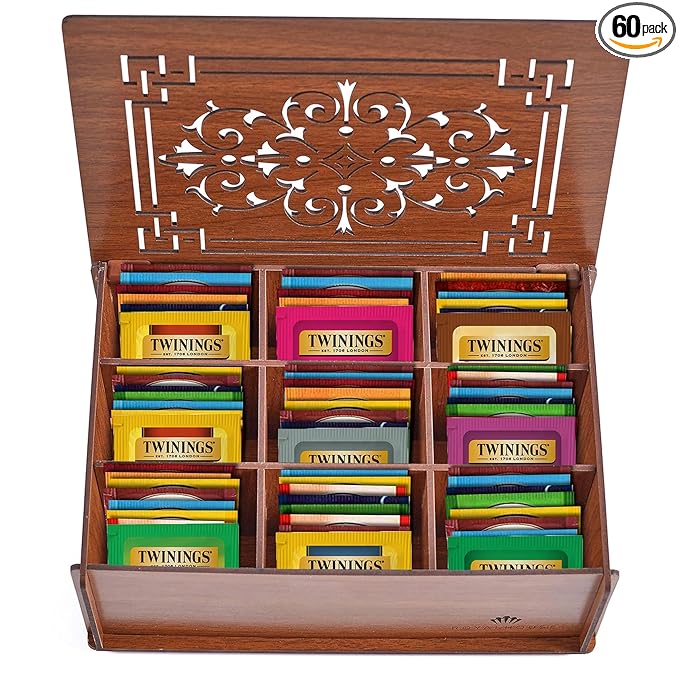 Twinings Tea Bag Sampler Variety with Brown Wooden Organizer (60 Tea Bags) 40 Different Flavors Gift for Tea Lovers: Women Men Mom Dad Family Friends Couples