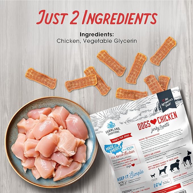 Farmland Traditions Dogs Love Chicken Jerky Dog Treats Premium Two-Ingredient Dog Jerky with USA-Raised Chicken &amp No Antibiotics Ever 3 Pound (Pack of 1) Bag.