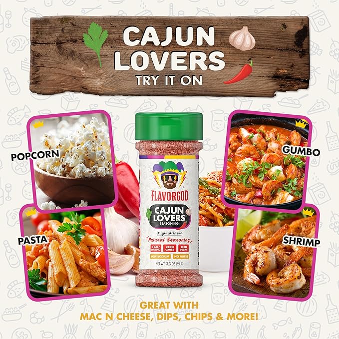 Flavor God 2 Bottles Cajun Lovers Seasoning Mix Natural Healthy Spice Blend For Grilling Chicken Beef Seafood Vegetables Salad Tacos &amp Pizza Kosher Gluten &amp Dairy Free Vegan Keto Frien