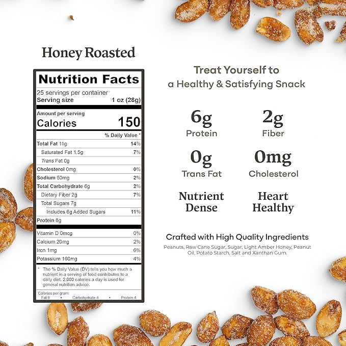 Belmont Peanuts Gourmet Honey Roasted Virginia Peanuts 25 oz (1 Pack) – Only 8 Simple Ingredients No Preservatives 6g Protein – A Premium Sweet Salty Crunchy Hand Seasoned Snack