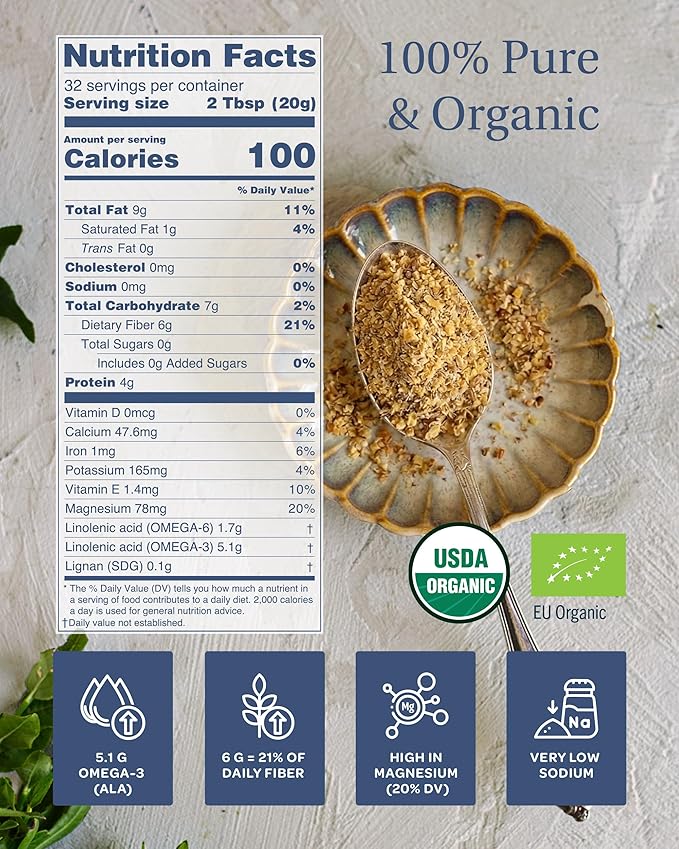 LOOV Organic Ground Flaxseed - Cold-Milled Flax Seeds - High Fiber 5.1 g Plant-Based Omega-3 (ALA) For Smoothies &amp Baking Flaxseed Meal Linaza Molida Grown in Finland 23 oz Resealable Pouch