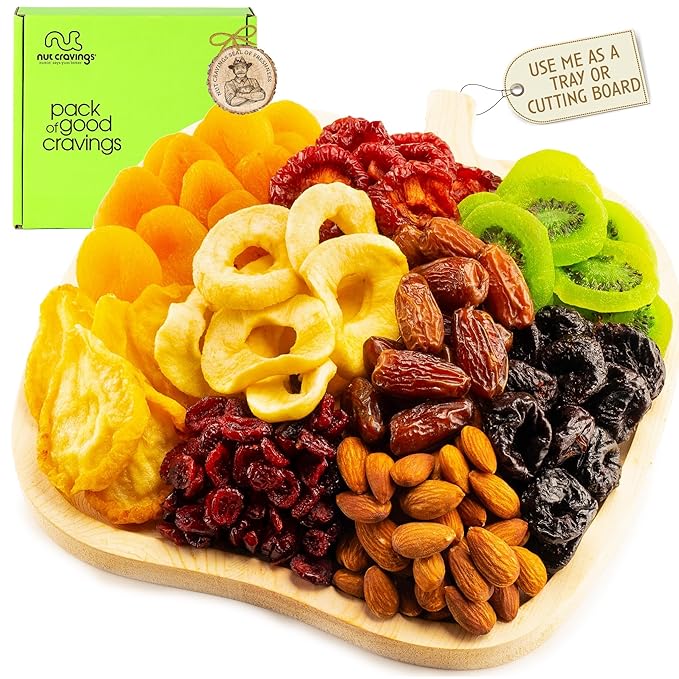 NUT CRAVINGS - Dried Fruit &amp Mixed Nuts Gift Basket in Wooden Apple-Shaped Tray (9 Assortments) Ramadan Gifts Food Arrangement Healthy Snack Care Package