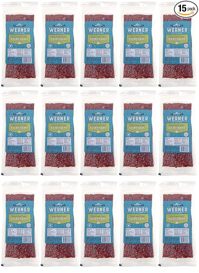 Werner Beef Jerky Slab Pack of 15-1 Ounce Individually Wrapped Meat Snacks (Teriyaki)