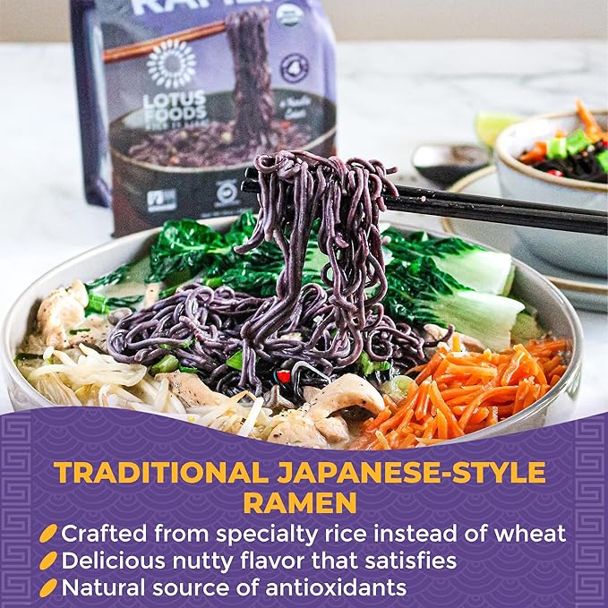 Lotus Foods Bulk Organic Forbidden Rice Ramen - Gluten Free Ramen Noodles Rice Ramen Whole Grain Ramen Noodles Organic Vegan Rice Noodles Low Sodium Usda Organic - 10 Oz Bags (Pack Of 6)