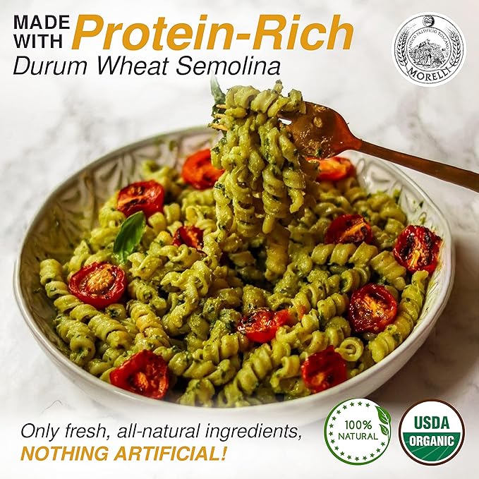 Morelli Spiral Pasta - Organic Premium Durum Wheat Semolina Italian Pasta from Italy - Protein-Rich Ancient Grains All Natural Gourmet Italian - Busiate (Trofie Gemelli) 17.6 Oz - Pack of 2