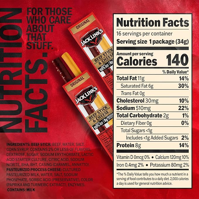 Jack Link's Original Beef &amp Cheese Combo Classic Snack Pack Made with 100% Beef and Real Wisconsin Cheese 8g protein Individually Wrapped Snacks - 1.2 Ounce (Pack of 16)