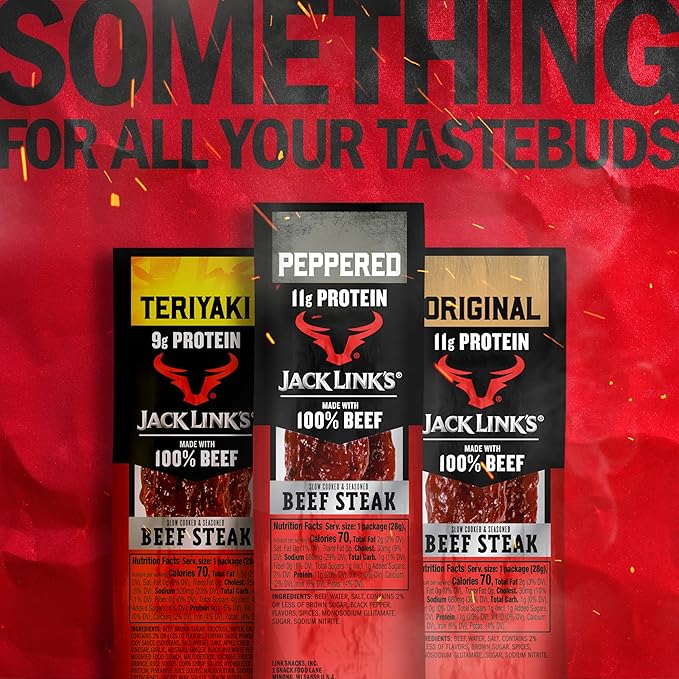 Jack Link's Beef Steak Peppered - Protein Snacks Meat Snack with 11g of Protein Made with 100% Beef Individually Wrapped Bulk Snack Pack Keto Friendly - 1 Oz. (12 Count)