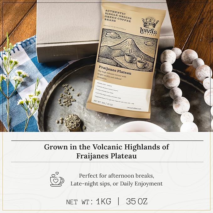Leiva’s Unroasted Green Coffee Beans (1kg) – Fraijanes Plateau Single Origin Coffee w/Aromatic Notes – Washed Shade Grown Organic Guatemala Beans – Bright Acid Whole Bean Unroasted Blend