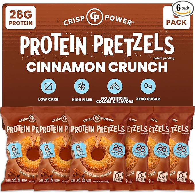 CRISP POWER Protein Pretzels NEW Cinnamon Crunch 26G Protein High Protein Snack High Fiber Low Carb Crunchy Pretzel Snacks No Added Sugar 1.75 oz Bags 6 Pack Vegan Keto