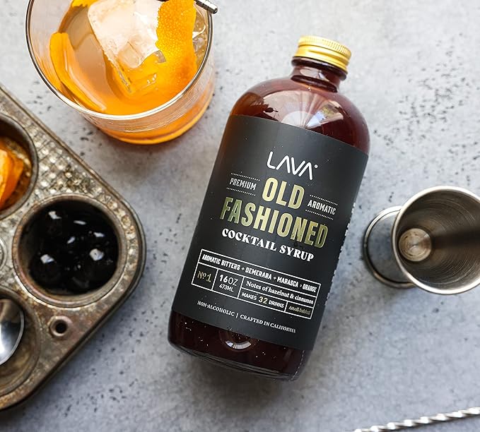 LAVA Premium Aromatic Old Fashioned Cocktail Syrup 16oz Makes 32 Cocktails Made with Aromatic Bitters Demerara Marasca Cherry Orange Zest Hazelnut and Cinnamon. Ready to Use. Just Add Whiskey.