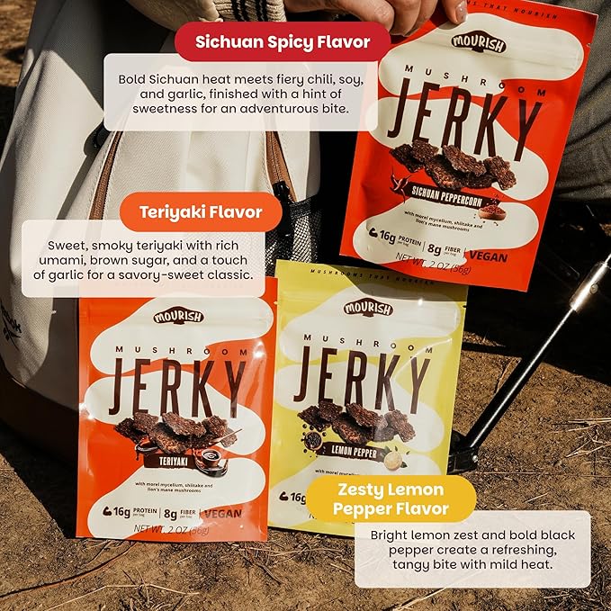 Mourish Vegan Mushroom Jerky Variety Pack 6 Pack (2 oz) Good Source of Protein and Fiber Plant Based Meat Meatless Healthy Snacks for Hiking Camping Work Travel &amp School