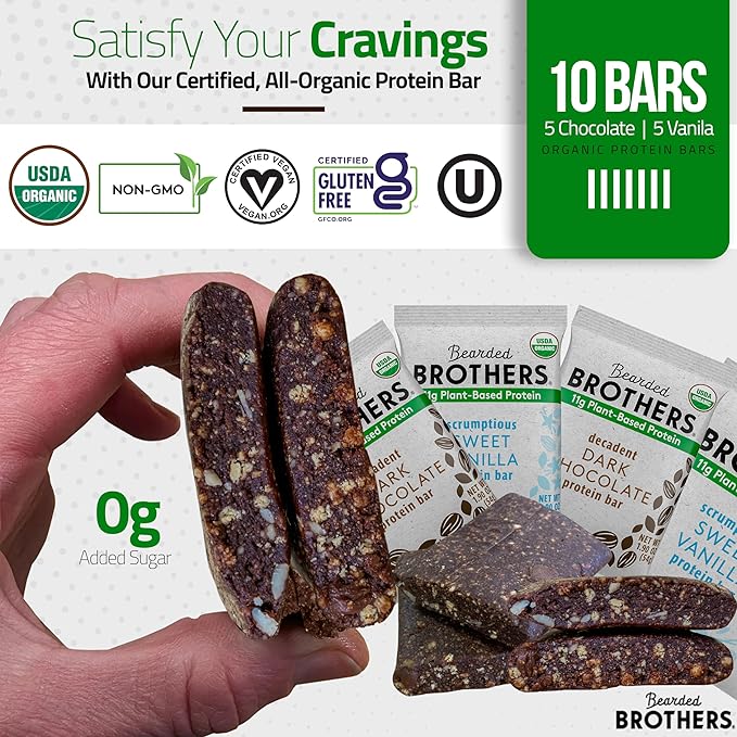 Bearded Brothers Organic Vegan Energy Bars - Gluten &amp Soy Free Paleo Whole 30 | Non GMO Low Glycemic High Protein Fiber (10 Pack Protein Variety)