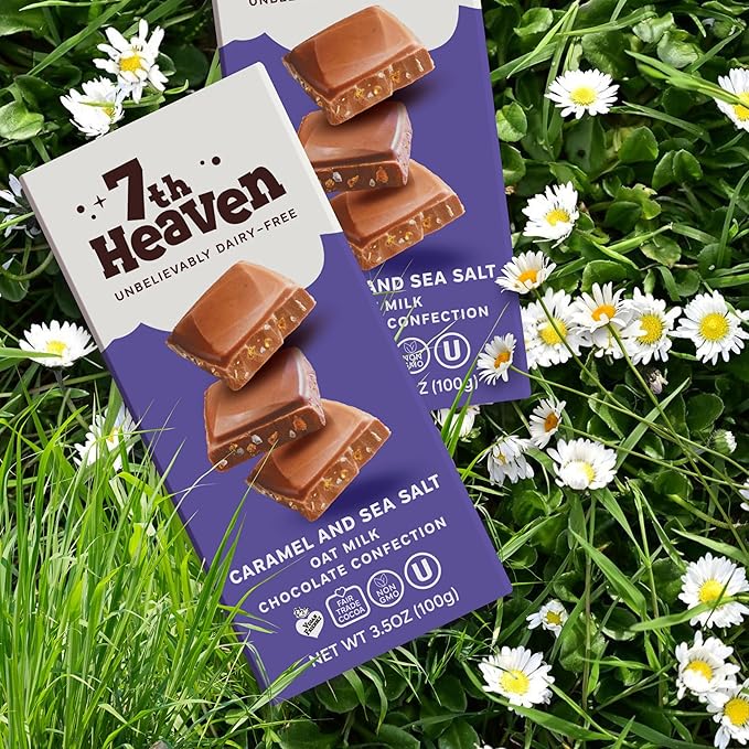 7th Heaven Vegan Oat Milk Chocolate Bars: Caramel and Sea Salt - (3.5 oz - 4 Pack) Healthy Chocolate Perfect Valentines Gift For Your Loved Ones 100% Dairy Free Non GMO Kosher Parve Cruelty Fre