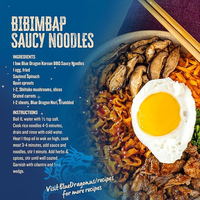 Blue Dragon Korean BBQ Saucy Noodles - 4.2oz (Pack of 6) - Knife Cut Thick Noodles w/Korean BBQ Sauce &amp Sesame Seed Garnish - Quick &amp Easy Meal with Bold Asian Flavors - Vegetarian Friendly