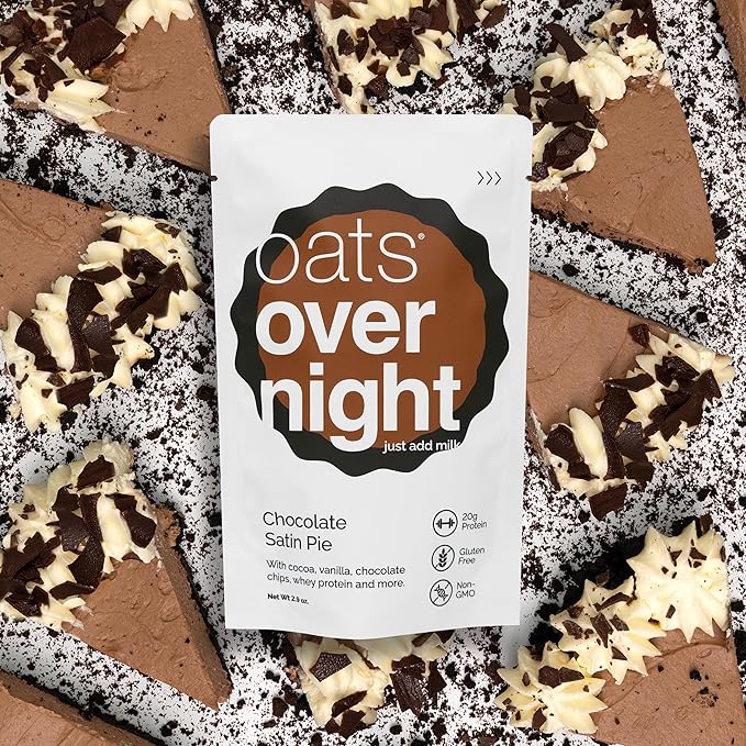 Oats Overnight Chocolate Satin Pie - Overnight Oats with 20g Whey Protein High Fiber Breakfast Protein Shake - Gluten Free Oatmeal Non GMO High Protein Oatmeal (2.9 oz per Meal) (8 Pack)