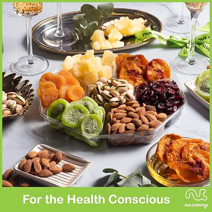 NUT CRAVINGS - Dried Fruit &amp Mixed Nuts Gift Basket + Green Ribbon (7 Assortments 2 LB) Ramadan Gifts Food Arrangement Healthy Snack Care Package