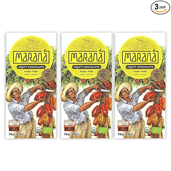 Maraná Chocolate Piura 80% Dark Chocolate 3 Pack - Peruvian Chocolate - Premium Bean-to-Bar Direct Sourced Made at Origin Single Origin Woman Owned BIPOC Owned Organic Award Winning - Vegan S